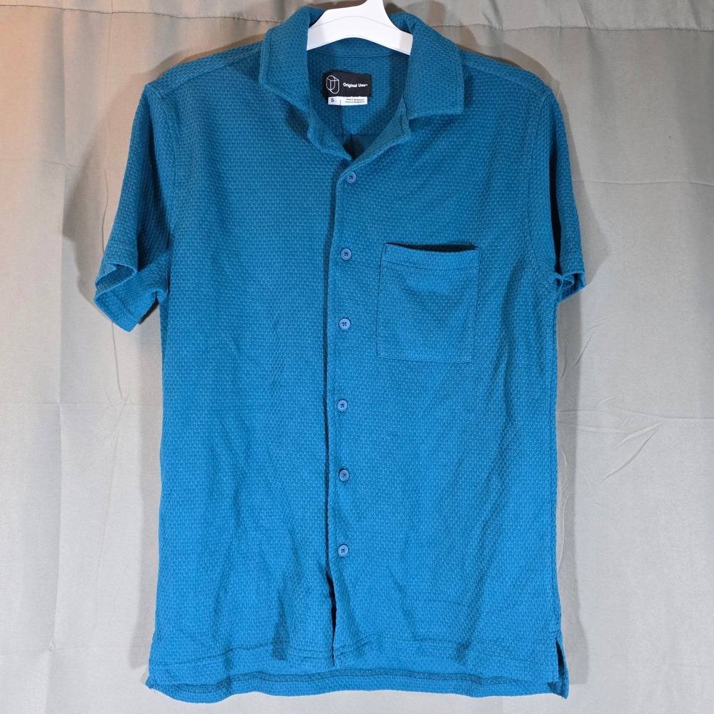 Original Use Mens Short Sleeve Button Down Shirt Dark Teal Knit Camp Collar S